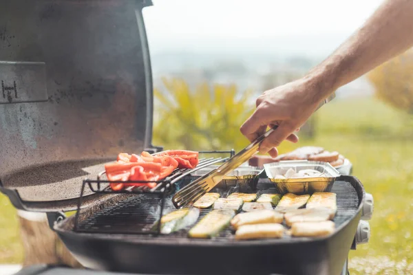 Närbild Ost Och Grönsaker Gasgrill Sommartid Utomhus — Stockfoto