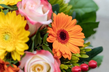 Close up of spring flower bouquet with gerbera and roses