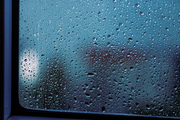 Close Rain Drops Window Rainy Night Cool Lights Window Frame — 스톡 사진