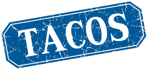 Taco's blauw vierkant vintage grunge geïsoleerde teken — Stockvector