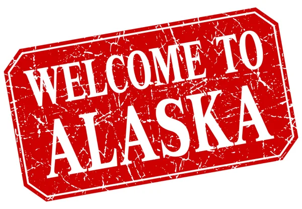 Bienvenue au timbre grunge carré rouge Alaska — Image vectorielle