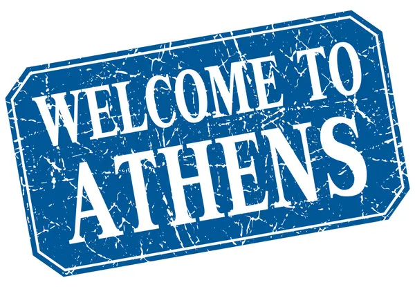 Benvenuto al francobollo grunge quadrato blu di Atene — Vettoriale Stock