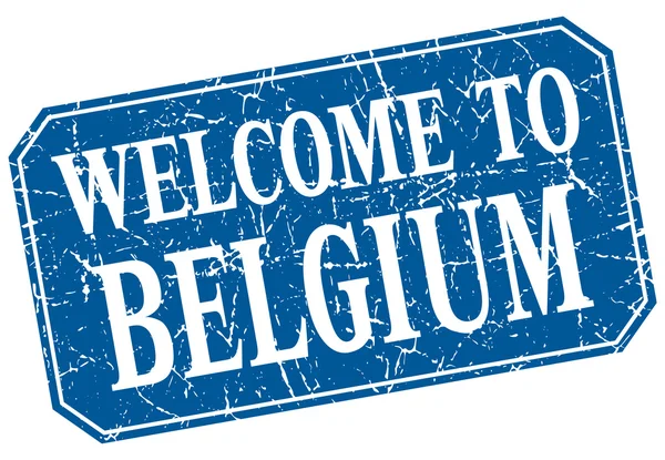 Vítejte v Belgii modrý čtvereček grunge razítko — Stockový vektor