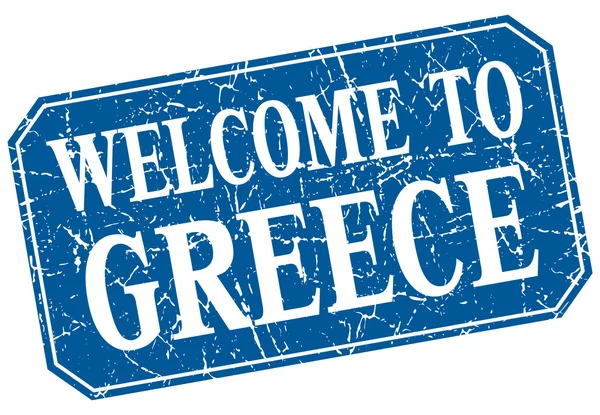 Benvenuto in Grecia francobollo grunge quadrato blu — Vettoriale Stock