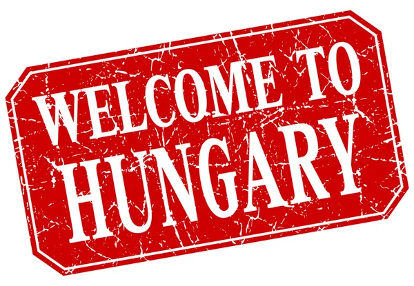 Benvenuto in Ungheria francobollo grunge quadrato rosso — Vettoriale Stock