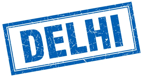 Delhi blauwe vierkante grunge stempel op wit — Stockvector