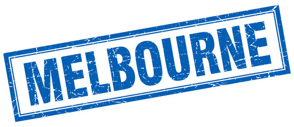 Melbourne blue square grunge stamp on white