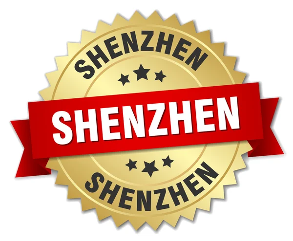 Insignia dorada redonda de Shenzhen con cinta roja — Vector de stock