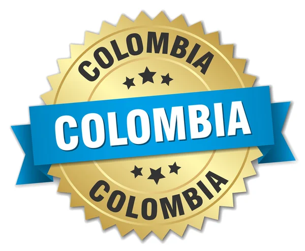 Colombia round golden badge with blue ribbon — Stock Vector