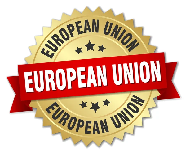 Europäische Union runde goldene Plakette mit roter Schleife — Stockvektor