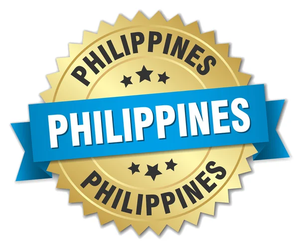 Insigne rond doré Philippines avec ruban bleu — Image vectorielle