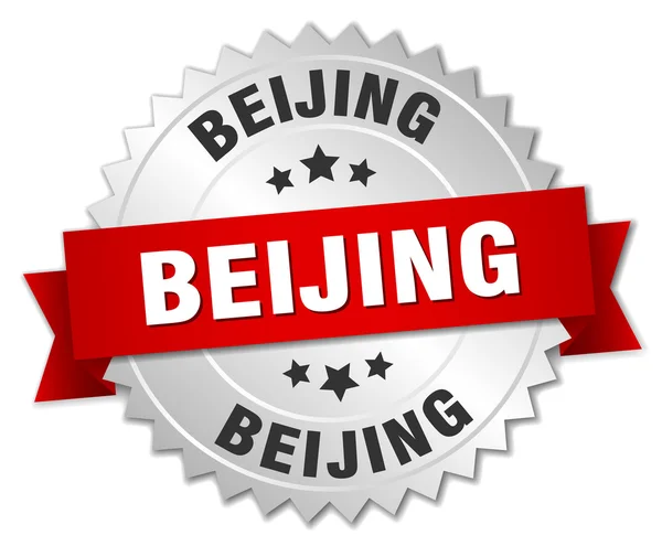 Beijing ronde zilveren badge met rood lint — Stockvector