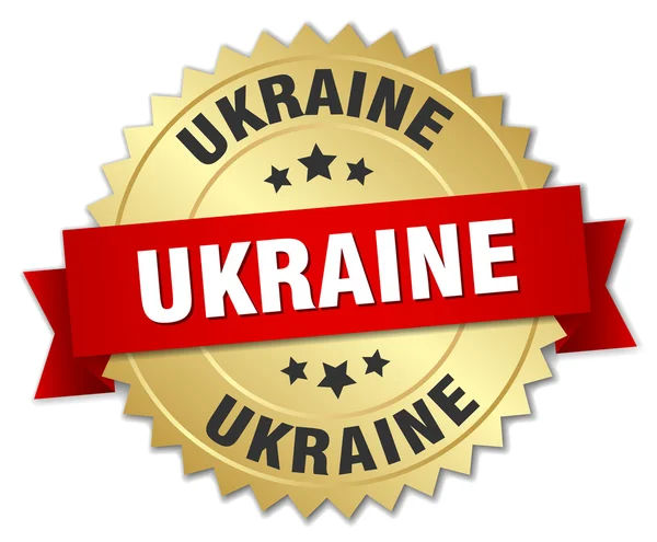 Ukraine round golden badge with red ribbon — Stock Vector