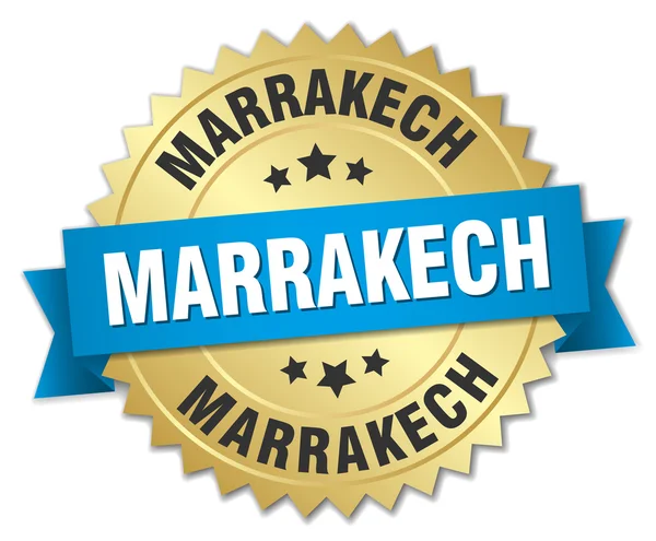 Marrakech rotondo distintivo d'oro con nastro blu — Vettoriale Stock