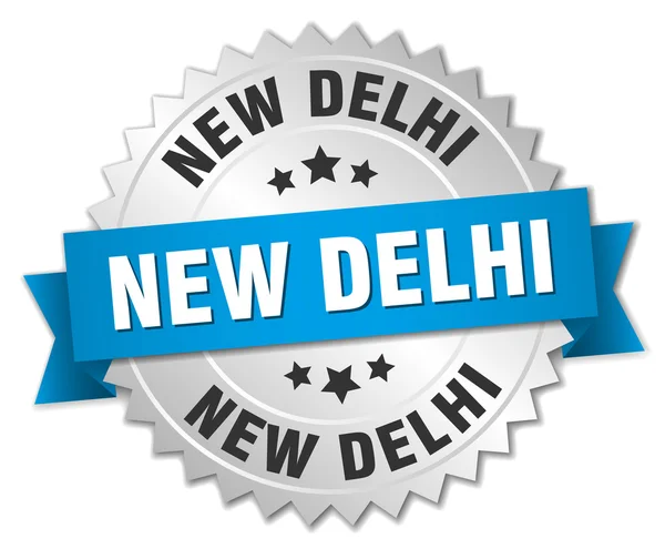 Nueva Delhi placa redonda de plata con cinta azul — Vector de stock