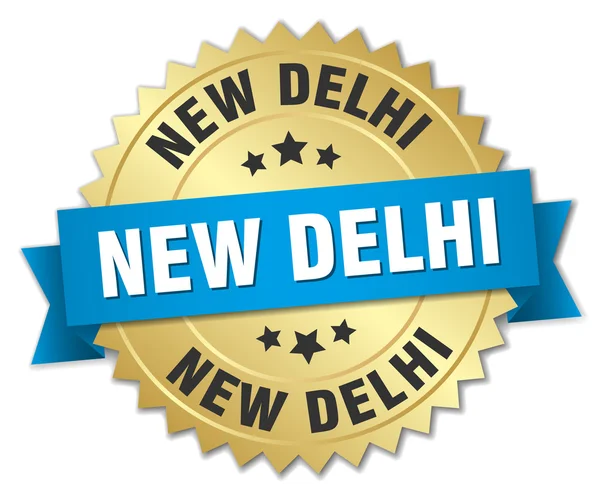 Nova Deli redonda emblema dourado com fita azul — Vetor de Stock