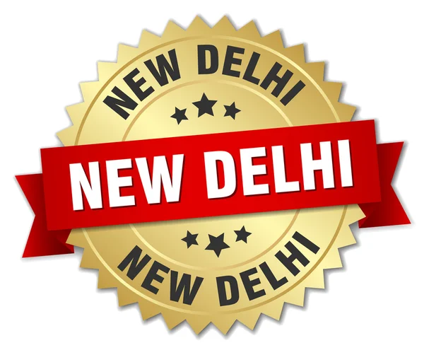 Nueva Delhi ronda insignia dorada con cinta roja — Vector de stock