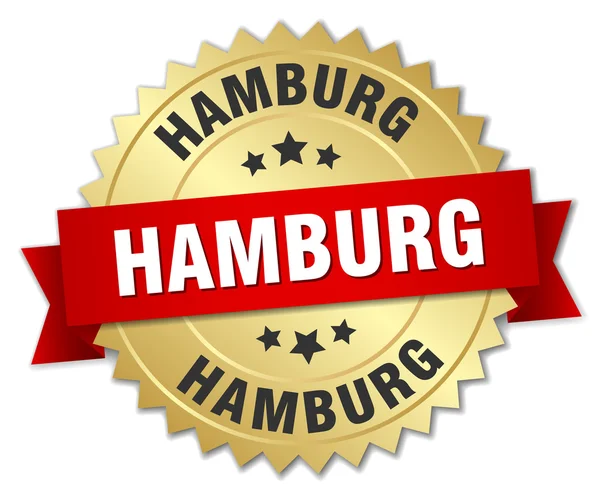 Hamburg runt golden badge med rött band — Stock vektor