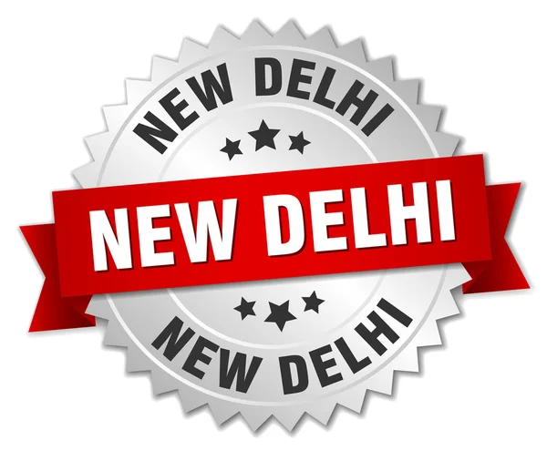 Nueva Delhi placa redonda de plata con cinta roja — Vector de stock