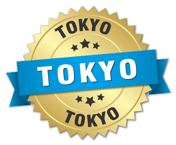 Токийский круглый золотой значок с голубой лентой — стоковый вектор
