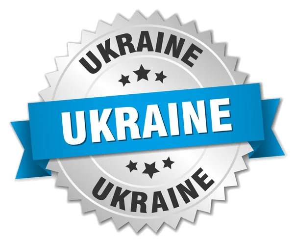 Ukraine round silver badge with blue ribbon — Stock Vector