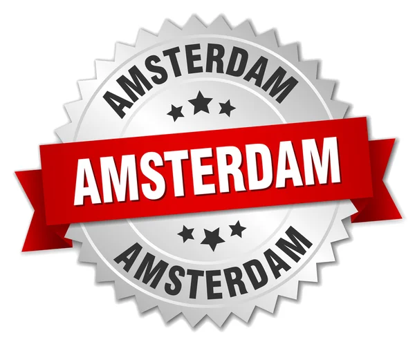 Amsterdam  round silver badge with red ribbon — Stock Vector