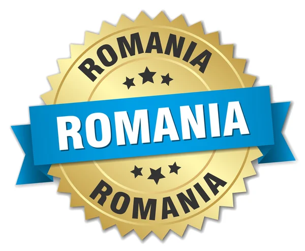 Romania round golden badge with blue ribbon — Stock Vector