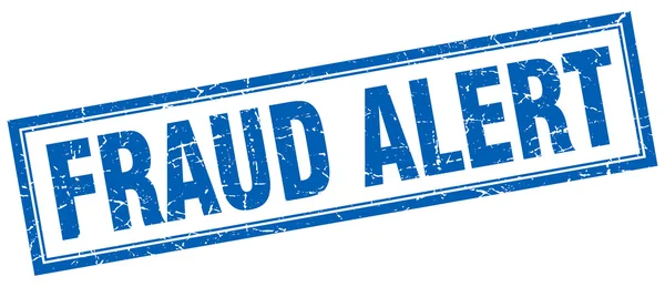 Fraude alerta azul grunge cuadrado sello en blanco — Vector de stock