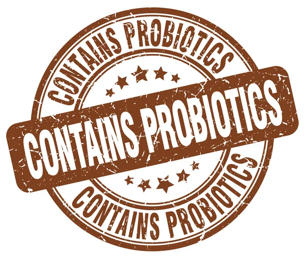 Contains probiotics brown grunge round vintage rubber stamp — Stock Vector