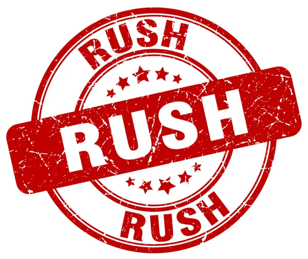 Rush grunge rojo redondo sello de goma vintage — Vector de stock