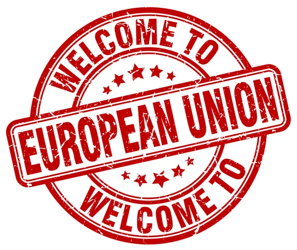 Willkommen bei der Europäischen Union rote runde Jahrgangsmarke — Stockvektor