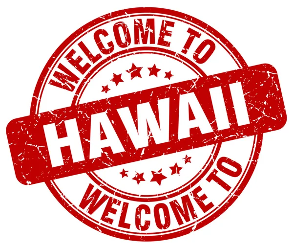 Benvenuto al francobollo vintage rotondo rosso Hawaii — Vettoriale Stock