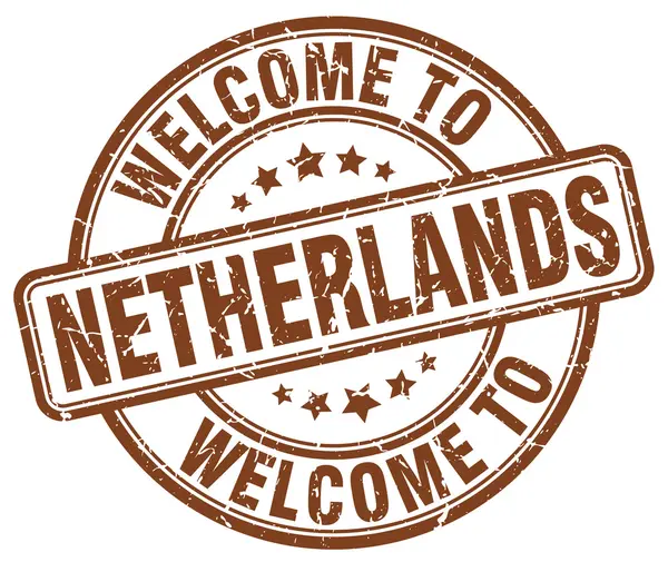 Bienvenue à Pays-Bas brun rond timbre vintage — Image vectorielle