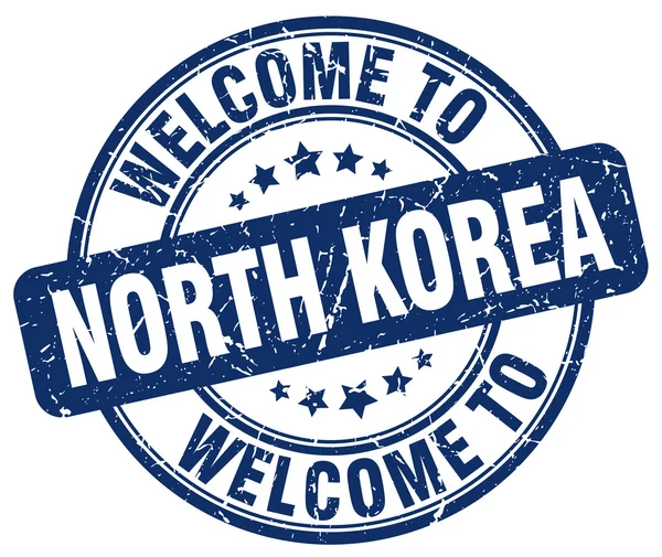 Welcome to North Korea blue round vintage stamp — Stock Vector