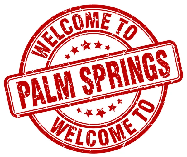 Willkommen bei Palmfedern roter runder Vintage-Stempel — Stockvektor