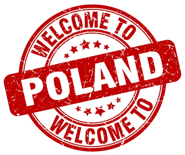 Benvenuto in Polonia rosso rotondo timbro vintage — Vettoriale Stock