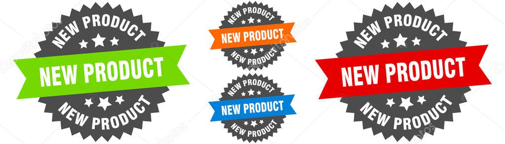 new product sign. round ribbon label set. Stamp