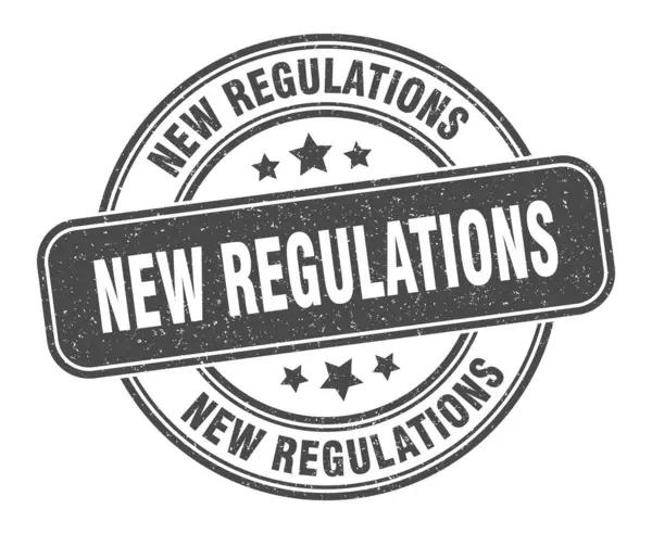 Novos Regulamentos Carimbo Novos Regulamentos Assinam Etiqueta Grunge Redonda —  Vetores de Stock