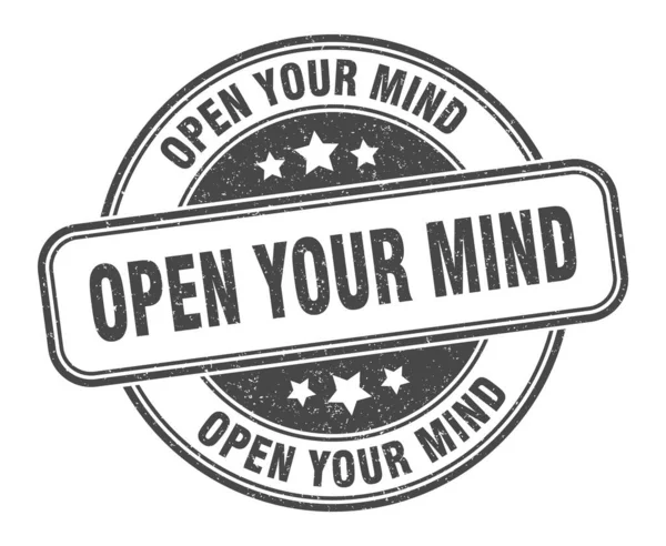 Otwórz Swój Znaczek Otwórz Swój Znak Umysłu Okrągła Etykieta Grunge — Wektor stockowy
