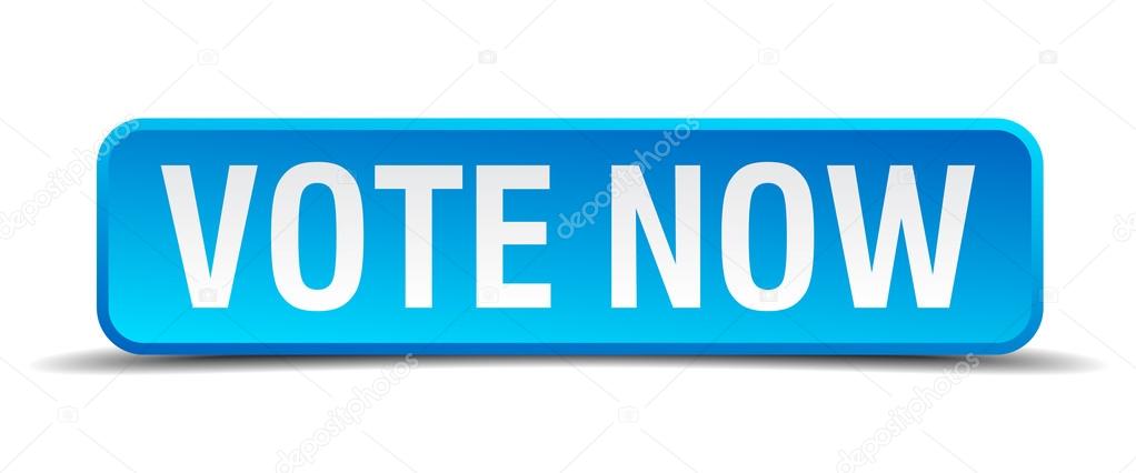 Vote now blue 3d realistic square isolated button