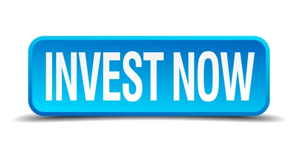 Investir agora azul 3d quadrado realista botão isolado — Vetor de Stock