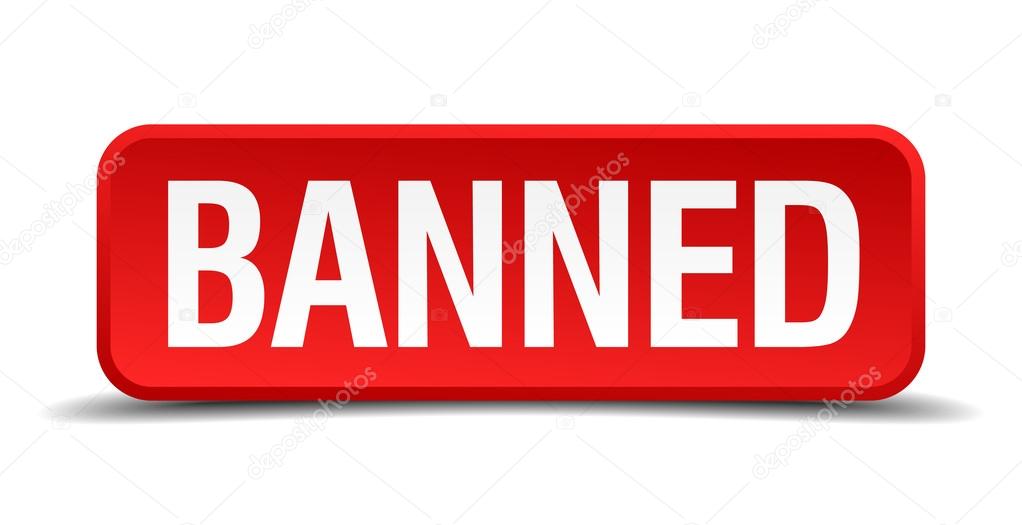 banned red three-dimensional square button isolated on white background