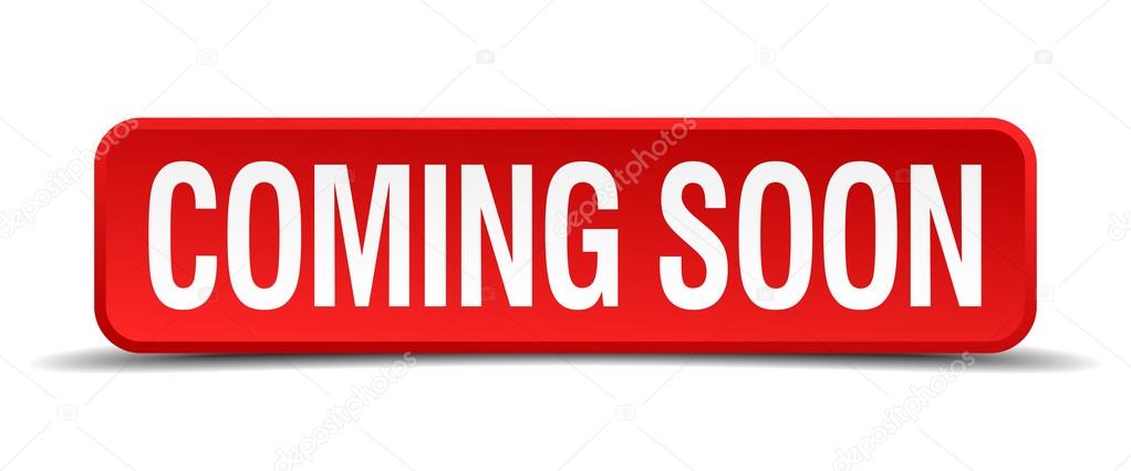 coming soon red three-dimensional square button isolated on white background