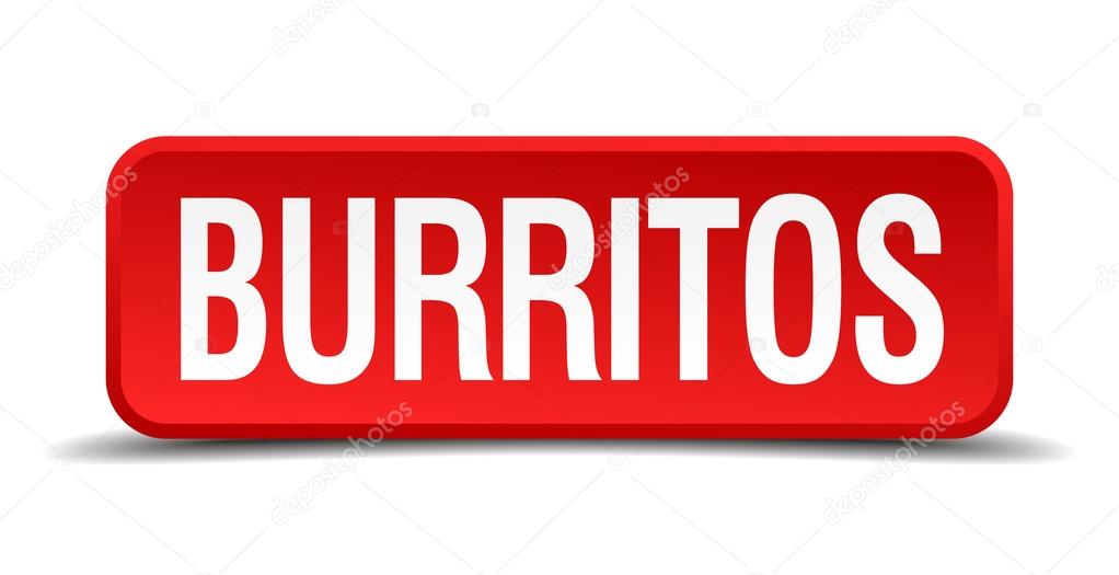 Burritos red three-dimensional square button isolated on white background