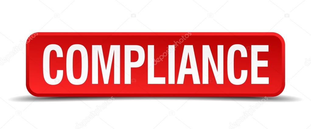 compliance red three-dimensional square button isolated on white background