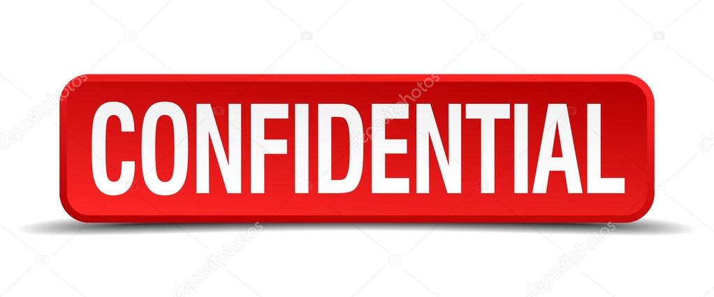 confidential red three-dimensional square button isolated on white background