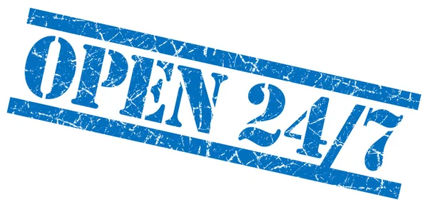 Otwarty 24 7 niebieski nieczysty pieczęć na białym tle — Zdjęcie stockowe