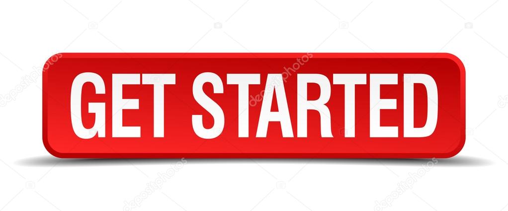 get started red 3d square button on white background