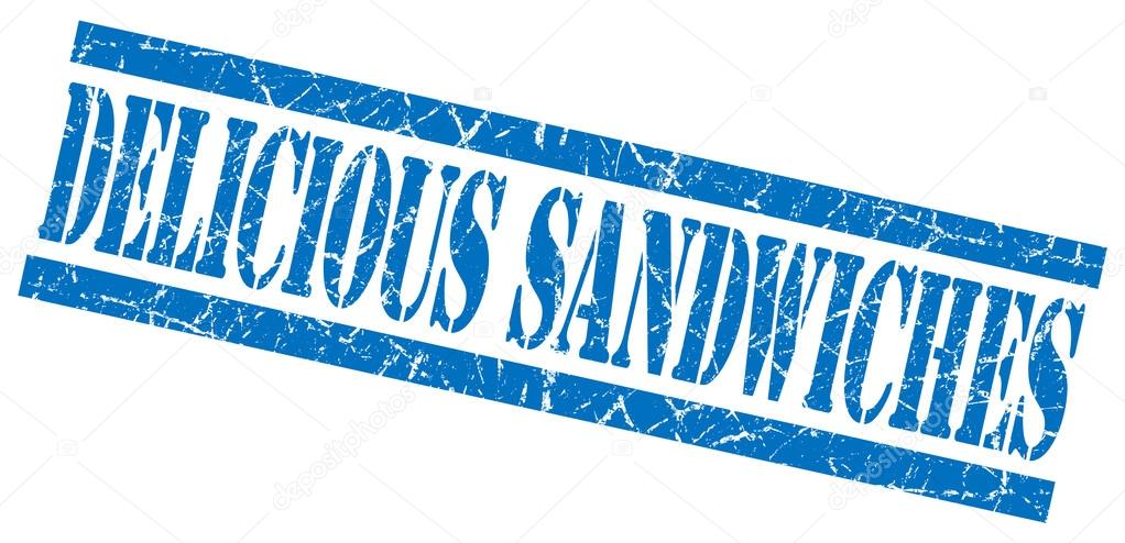 delicious sandwiches blue square grunge textured isolated stamp