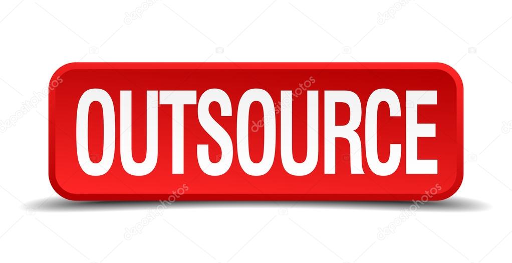 Outsource red 3d square button isolated on white